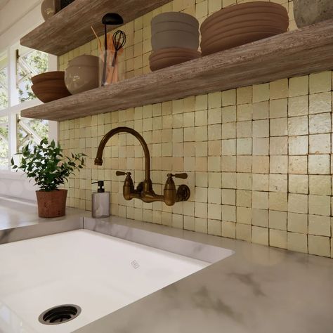 Pebble Kitchen Backsplash, Green Tile Backsplash Kitchen, Moroccan Kitchen Backsplash, Old Italian Kitchen, Earthy Kitchen Ideas, Zellige Tile Backsplash, Zellige Tile Bathroom, Cream Backsplash, Green Tile Backsplash