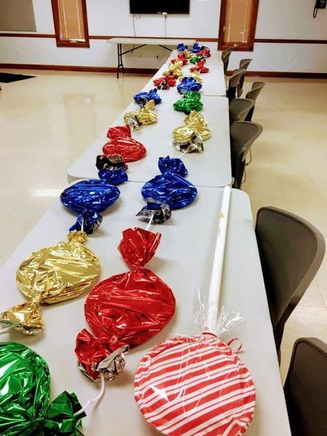 Jumbo Candy Decorations – Haphazard Homemaker Jumbo Candy Decorations, Candy Decorations Diy, Christmas Parade Floats, Diy Christmas Candy, Diy Candy Land, Vbs 2023, Gingerbread Christmas Decor, Giant Candy, Vbs 2024