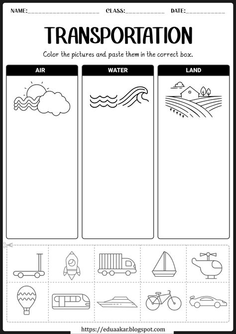 Download free worksheets to teach your kids about various modes of transportation and about vehicles and their uses. Transportation Worksheets For Preschool, Land Air Water Preschool Craft, Worksheet For Transportation, Transportation Activities For Elementary, Transportation Activities For School Age, Transportation Vehicles Preschool, Transport Worksheets For Grade 1, Worksheet On Transport, Modes Of Transport Art