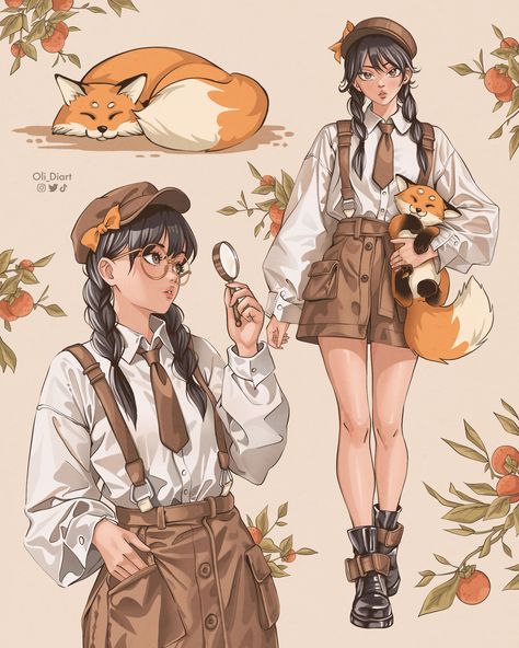 Autumn-inspired illustration featuring a young detective girl with braided blue hair, clad in a vintage outfit, complete with suspenders, brown skirt, and leather boots. She holds a magnifying glass and is accompanied by a charming orange fox, both awake and napping amidst falling leaves and persimmons. Art by Oli_Diart Cute Outfits Illustration, Cute Outfit With Glasses, Orange Outfit Inspo Aesthetic, Park Day Outfit Summer, Fox Outfit Aesthetic, Autumn Outfits Drawing, Persimmons Art, Fox Inspired Outfit, Vintage Detective Aesthetic