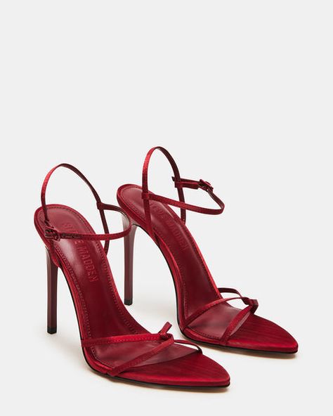 STELLINA Red Satin Dainty Strappy Pointed Toe Heel | Women's Heels – Steve Madden Dark Red Strappy Heels, Red Pointed Heels, Red Formal Shoes, Dark Red Heels, Trend Heels, Red Satin Heels, Red Strappy Heels, Red Stiletto Heels, Wife Style