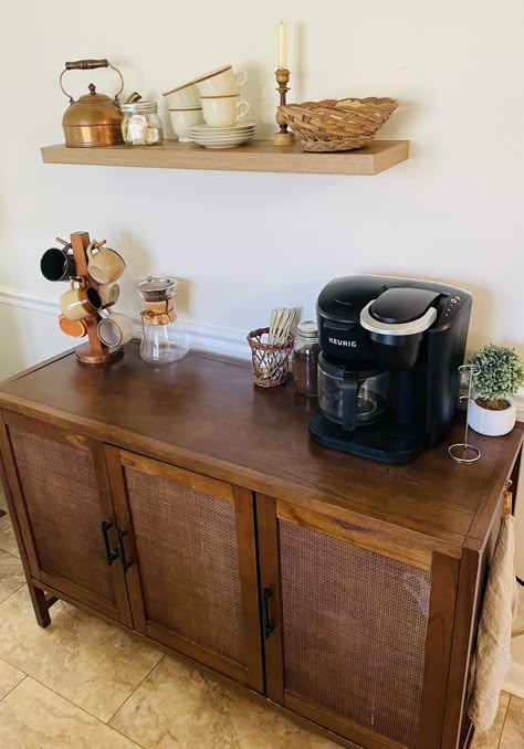 Dark Wood Coffee Bar, Tall Bar Cabinet Styling, Coffee Bar On Desk, Coffee Bar Dark Wood, Vintage Buffet Coffee Bar, Buffet Coffee Station, Kitchen Buffet Coffee Bar, Coffee And Bar Cart Ideas, Antique Dresser Coffee Bar