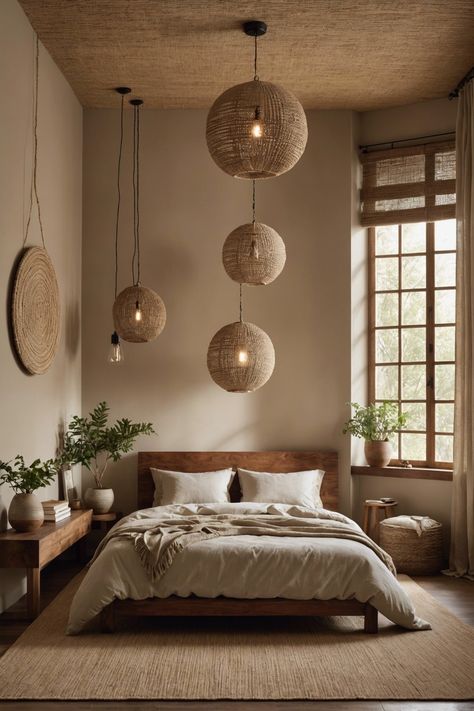 20 Boho Style Bedrooms With Hanging Lights – ToolzView Japandi Boho Bedroom, Japandi Bedroom Lighting, Small Boho Room, Bali Bedroom Inspiration, Bedroom Lighting Ideas Hanging, Small Boho Bedroom, Japanese Bed Frame, Bohemian Style Bedroom, Bohemian Style Interior Design