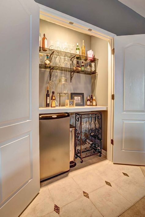 Convert  a closet in your bonus room! Perfect for a wet bar- You can do this! Closet Snack Bar Ideas, Closet To Bar Conversion, Closet To Coffee Bar, Closet Turned Into Bar, Bar In Closet, Coffee Closet, Small Bar Ideas, Bar Closet, Small Media Rooms