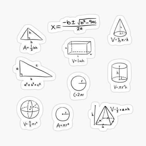 Study stickers of mathematic equations including area and volume, quadratic formula and quadratic equation. Geometry Stickers, Study Stickers, Volume Math, Geometry Formulas, Notebook Labels, Quadratic Formula, Math Design, Sat Prep, Bond Paper Design