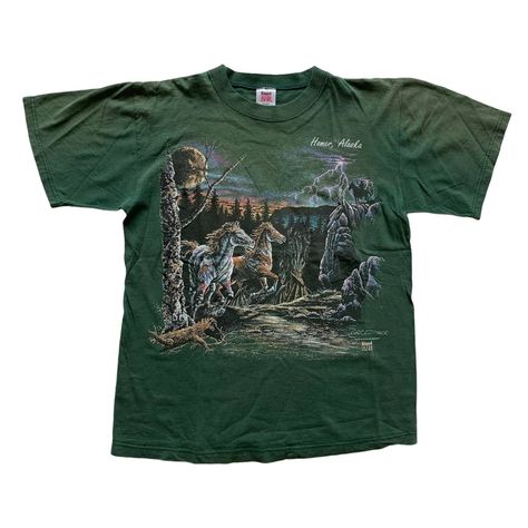 "Vintage 1990s 90s Homer, Alaska Horses Nature Graphic Green Tee Shirt Made in USA Mens Size L Large Condition: This item is in great pre-owned condition with perfect fading. MADE IN USA Material: 100% Pre-Shrunk Cotton Size: Mens Size Large Please refer to measurements for exact fit. Measures: Chest (armpit to armpit): 21 1/2\" Sleeve (shoulder to sleeve end): 8 1/2\" Length (back neck seam to bottom): 26 1/2\" Note: Pre-owned items may have minor imperfections, we do our best to represent each Green Tee Shirt, Homer Alaska, Green Tee, Graphic Tees Vintage, Dream Clothes, Retro Outfits, Mens Graphic Tee, Vintage Tees, Vintage Shirts