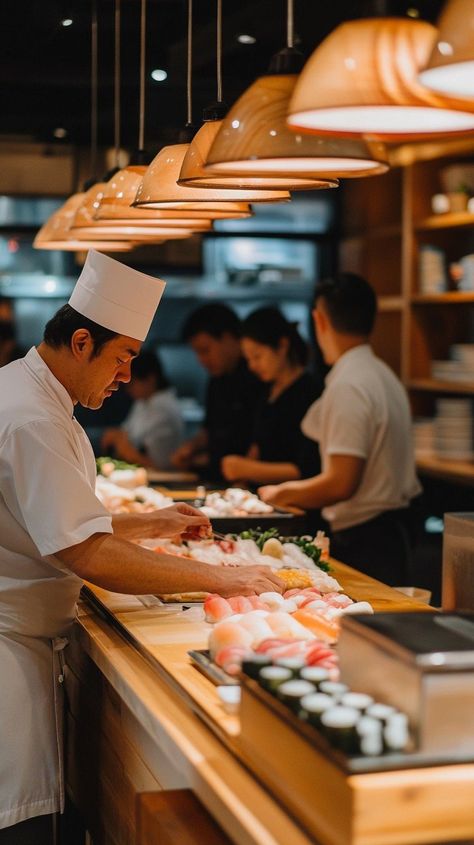 "Chef preparing sushi: A skilled #sushichef in a #traditionalwhitehat meticulously arranges sushi on a long counter. #japanesecuisine #gastronomy #culinaryarts #foodphotography ⬇️ Download and 📝 Prompt 👉 https://stockcake.com/i/chef-preparing-sushi_1304632_168817" Sushi Chef Photography, Sushi Photography, Food Photography Sushi, Chef Dress, Sushi Restaurant Pics, Chef Pictures, Focus Foods, Japan Sushi Restaurant, Sushi Chef