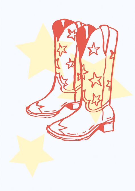 Star Cowboy Boot Poster Design in Red, Yellow and Blue Aesthetic Wallpaper Cowboy Poster Aesthetic, Blue Western Aesthetic Wallpaper, Red Cowboy Boot Tattoo, Cowboy Boot Poster, Red Yellow Aesthetic, Cowboy Boot Aesthetic, Cowboy Boot Illustration, Cowboy Aesthetic Wallpaper, Star Cowboy Boots