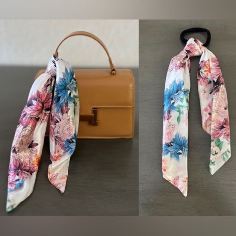 This Is A Light Pink & Blue Floral Scarf On An Elastic Tie. The Scarf Can Be Detached And Used As A Purse Scarf. - Scarf Measures: 18" X 18" - Satin Look - Soft Hair Tie - Scarf Can Be Tied To A Purse To Add Visual Interest Or A Pop Of Color Purse Available In Boutique! From A Smoke-Free, Pet-Free Home. Scarf On Bag, Bag Scarf, Purse Scarf, High Road, Tie Scarf, Twilly, Elastic Hair Ties, Floral Scarf, Soft Hair