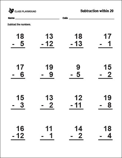 Printable Subtraction Within 20 Worksheet Addition And Subtraction Worksheets 1-20, Subtraction Up To 20 Worksheets, Subtraction Worksheets Grade 1, Subtraction Within 20 Worksheets, Basic Subtraction Worksheets, Subtraction Facts Worksheet, Subtraction To 20, Addition And Subtraction Within 20, Math Subtraction Worksheets