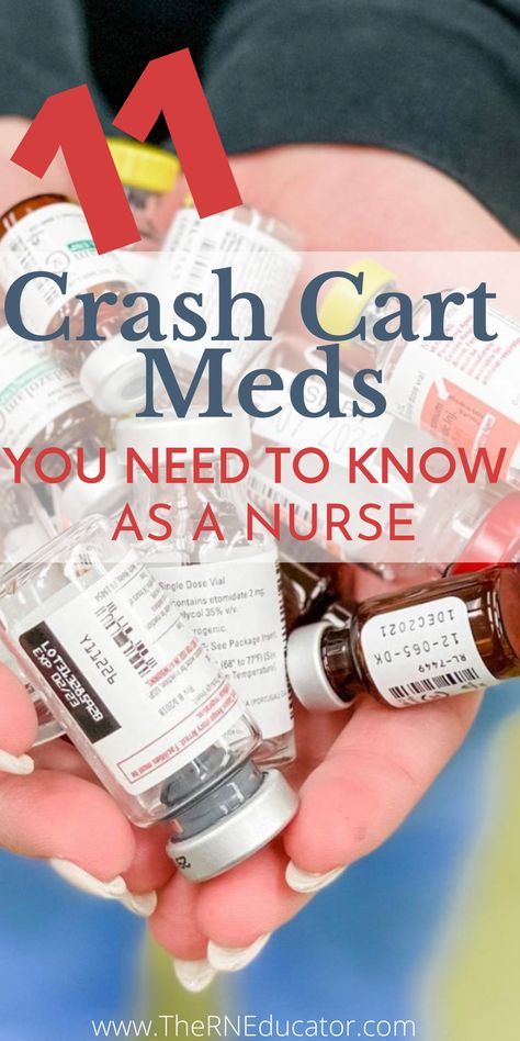 Learn these Crash Cart Emergency Medications you must know as a nurse. #nursing #newnurse, #nursingclinicals,#pediatricnursing,nursing emergency, nursing emergency medicine,nursing emergency medication,emergency medicine,crash cart medications,crash cart medications nursing school, new nurse tips, acls nurse,acls nursing cheat sheets, acls nursing students medications, pals nursing, nursing simulation,nursing simulation lab,nursing emergency preparedness,nursing emergency care,crash cart nursing Medications Nursing, Nurse Skills, Nursing Cheat, Emergency Room Nurse, Nursing Mnemonics, Nursing Student Tips, Nuclear Medicine, Cardiac Nursing, Nursing School Survival