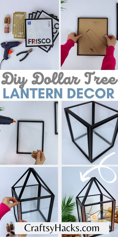 Diy Dollar Store Lantern, Dollar Tree Frame Lantern, Diy Decorative Lanterns, Dollar Tree Lantern Diy Projects, Diy Large Lantern Outdoor, Dollar Tree Ideas Diy Crafts, Xmas Lanterns Ideas Diy, Diy Lantern Decorating Ideas, Dollar Store Christmas Crafts Diy Decorations For Home