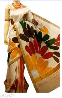 Kerala Cotton Saree, Kasavu Saree, Saree Painting Designs, Saree Painting, Hand Painted Dress, Kerala Saree, Hand Painted Sarees, Elegant Saree, Painting Designs