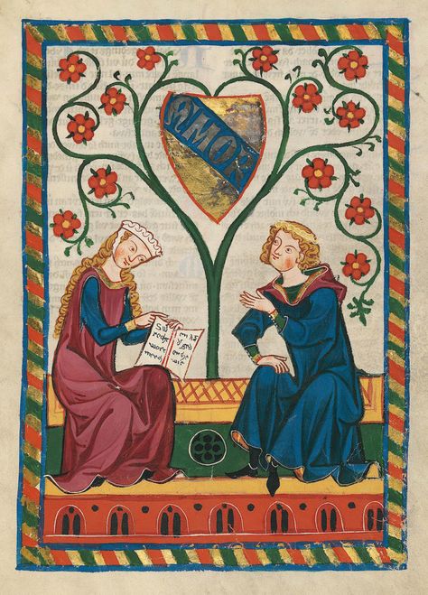 How did the human heart become associated with love? And how did it turn into the shape we know today? | Courtly Love, Medieval Artwork, Medieval Paintings, Medieval Manuscript, Historical Art, Moyen Age, Medieval Art, Illuminated Manuscript, 14th Century