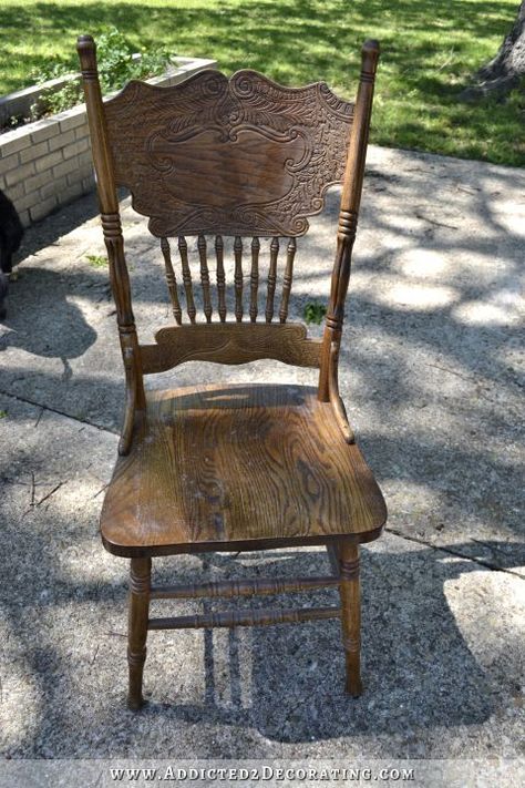 Attempted Dining Chair Makeover (DIY Fail) Refurbish Wooden Chair, Oak Pressed Back Chairs Makeover, Painting Wood Dining Chairs, Pressed Back Chairs Makeover, Press Back Chair Makeover, Repurposed Wooden Chairs, Oak Chair Makeover, Refinished Dining Chairs, Painting Dining Room Chairs