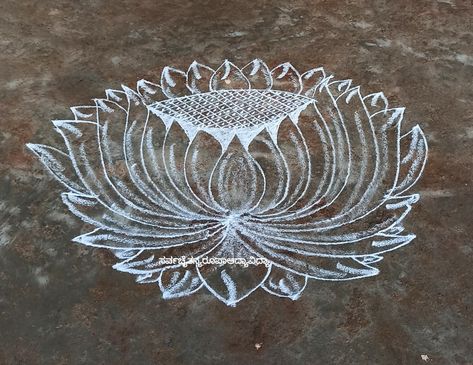 Lotus for MAHAALAYA AMAAVASYA... Lotus Alpana Design, Lotus Flower Rangoli, Lotus Muggulu, Jhoti Design, White Rangoli, Lotus Kolam, Freehand Rangoli, Poster Rangoli, Small Kolam