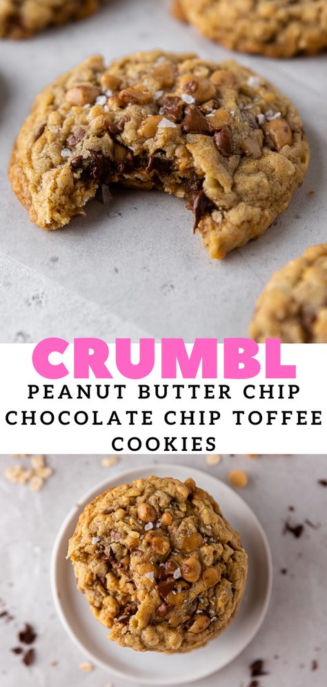 Crumbl Peanut Butter, Soft Oatmeal Cookies, Crumble Cookie Recipe, Recipe Cookies, Cookies Soft, Toffee Cookies, Gourmet Cookies, Peanut Butter Chips, Lost 100 Pounds