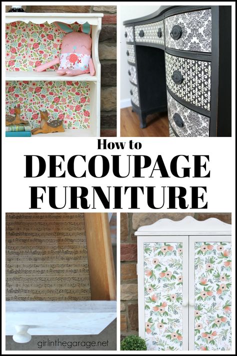 How To Decoupage Furniture, Diy Organize, Decorate Furniture, Repurposed Junk, Hampshire House, Diy Decoupage, Barn Boards, Decoupage Projects, Rope Rug