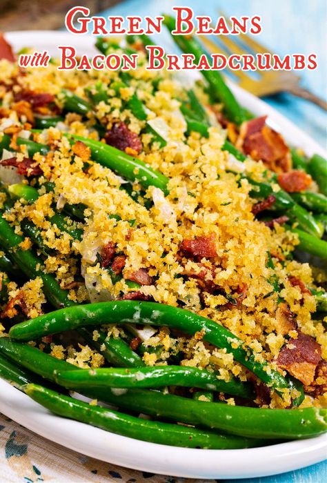 Green Beans with Bacon Breadcrumbs recipe Green Beans Bacon, Breadcrumbs Recipe, Boil Green Beans, Breadcrumb Topping, Beans With Bacon, Green Beans With Bacon, Thanksgiving Dinner Recipes, Green Bean Recipes, Crumbled Bacon