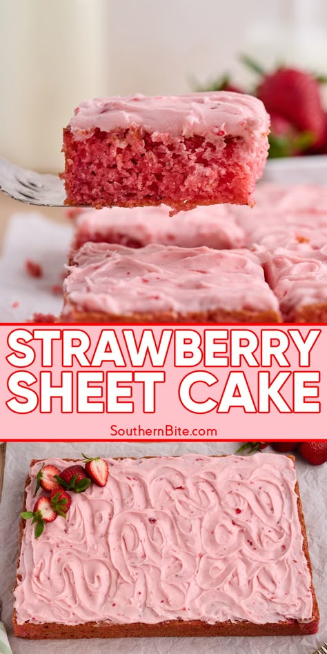 Best Strawberry Sheet Cake Paula Deen Strawberry Sheet Cake, Best Strawberry Sheet Cake, Strawberry Sheetcake Cake Recipe, Fresh Strawberry Sheet Cake, Cake Jello Recipes, Strawberry Cake No Jello, Strawberry Cake Easy Recipe, Summer Strawberry Desserts Easy Recipes, Real Strawberry Cake