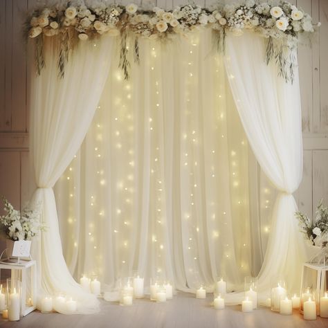 PRICES MAY VARY. Size: Package including 4 panels 5ft width by 10ft height ivory backdrop curtains with lights, a set of 9.8ft warm white string light and 24pcs Transparent clips. High quality ivory tulle fabric, collapsible without creases, Beautiful Sheer Drapes! Can be reused. If you want a thicker/fuller look, you would need more Dreamy Display: This wedding photo backdrop is perfect to create beautiful folds or leave it flowing loose onto the floor,add a very soft,beautiful,romantic touch t Wedding Arch For Indoor Wedding, Outdoor Wedding Curtains, Wedding Backdrop With Fairy Lights, Sage Green And White Decorations, Outside Quinceanera Ideas Simple, Palette Wedding Backdrop, Wedding Altar Decoration, Hall Decorations For Wedding Receptions, Gold Ring Wedding Backdrop