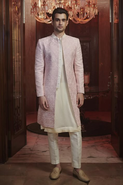 Buy Sawan Gandhi- Men Pink Chanderi Sherwani And Pant Set Online | Aza Fashions Engagement Dress For Groom Indian, Open Sherwani Men, Kurtas Men, Sawan Gandhi, Pink Sherwani, Engagement Dress For Groom, India Fashion Men, Raw Silk Embroidery, Pakistani Wear