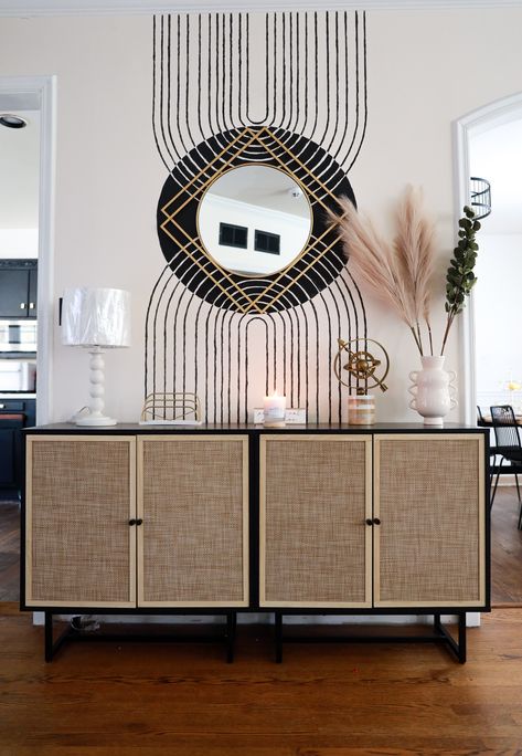 Styling my entryway hallway with these beautiful Kova Sidebaord Cabinets from Nathan James! 🥰 Nathan James Kova Cabinet, Painted Wall Design, Nathan James, Wall Paint Designs, Entryway Hallway, Hand Painted Walls, Painted Wall, James Brown, Eclectic Style