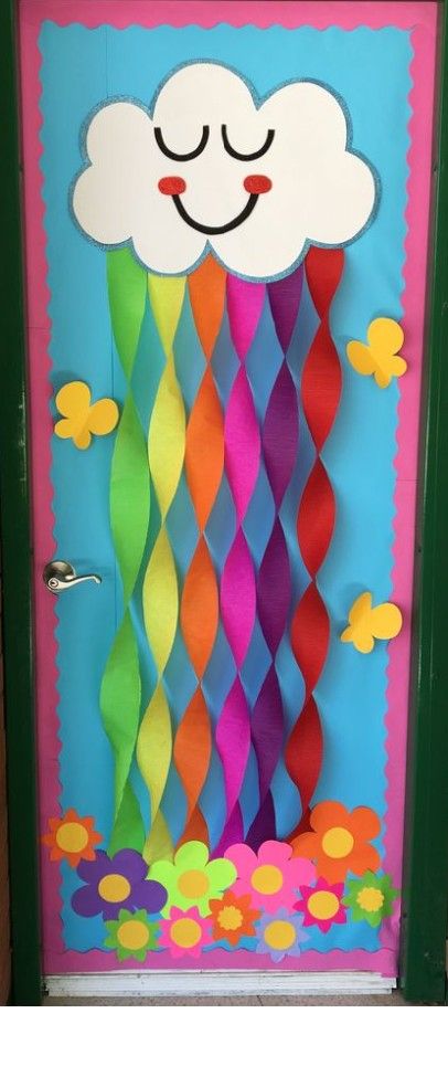 Diy Rainbow For Classroom, Kindercare Classroom Prek, Spring Themed Door Decorations Classroom, Rainbow Classroom Door Decor, Rainbow School Door, April Office Decorations, Preschool Classroom Decor Rainbow, Umbrella Classroom Decoration, May Themed Classroom Door Ideas