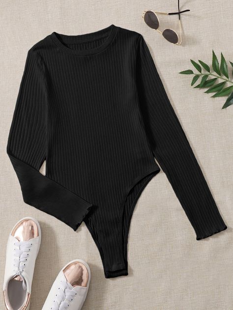 Black Casual Collar Long Sleeve Fabric Plain Tee Embellished Slight Stretch Spring/Fall Women Clothing Slim Bodysuit, Comfy Jumpsuits, Ribbed Knit Bodysuit, Knit Bodysuit, Style Noir, Knit Sleeve, Womens Bodysuit, Black Bodysuit, Long Sleeve Bodysuit