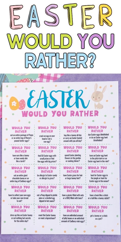 These fun Easter would you rather questions are a great Easter activity for kids, teens, and even the entire family! Just print, cut out the questions, and ask! Printable Easter Activities, Easter Games For Kids, What Would You Rather, Would You Rather Game, Egg Game, Rather Questions, Easter Activity, Would You Rather Questions, Easter Activities For Kids