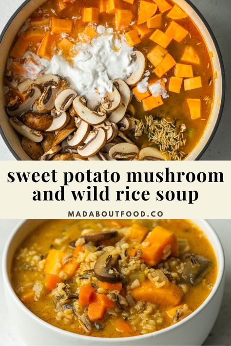 Vegan Fall Soup, Sweet Potato Mushroom, Wild Rice Mushroom Soup, Potato Mushroom, Wild Rice Soup Recipes, Rice Soup Recipes, Fall Soup, Fall Soup Recipes, Wild Rice Soup