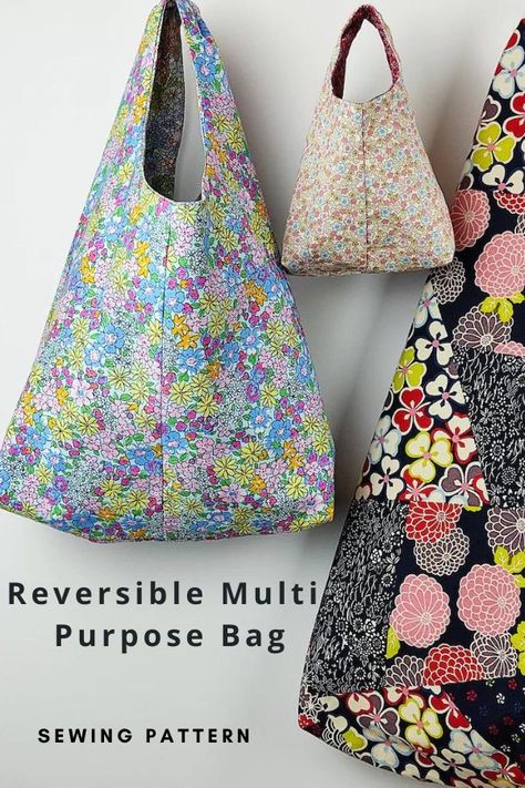 Shoulder Bag Patterns To Sew, Classic Sewing Patterns, Grocery Bag Pattern, Bag Sewing Pattern, Reversible Bag, Shoulder Bags Pattern, Reversible Tote Bag, Floral Tote Bag, Plastic Grocery Bags