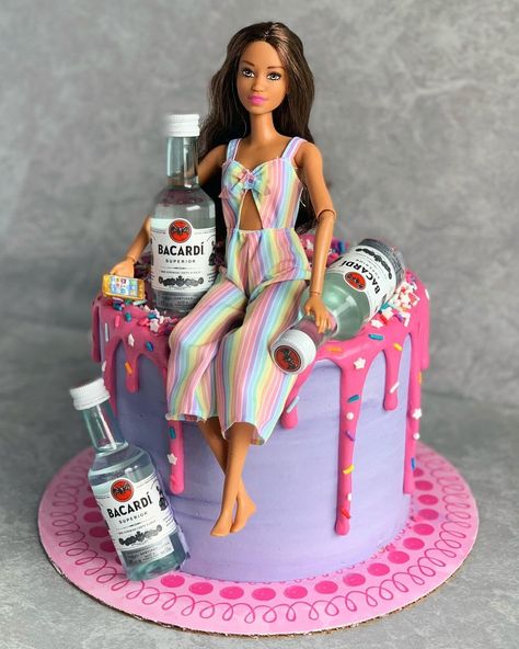 Cakes In Bloom🌻 on Instagram: “Bacardi Party💖🎉 I love making these fun birthday Barbie cakes! Topped with “Birthday Cake” sprinkles from @shopsweetsandtreats and mini…” Cake With Barbie On Top, Fun 40th Birthday Cake, Alcoholic Birthday Cake, Barbie Themed 40th Birthday Party, Adult Barbie Cake, Drunk Birthday Cake, Alcohol Cake Ideas, Pink Food Ideas, Birthday Cakes Pink