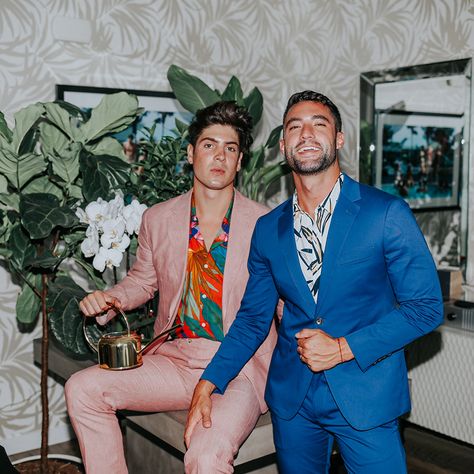 Mens Colorful Wedding Suit, Men In Colorful Suits, Tropical Formal Attire Men, Wedding Guest Suits Men, Tropical Formal Wedding Attire Men, Colored Suits Wedding, Funky Mens Wedding Attire, Tropical Wedding Suit Men, Garden Party Suit Men