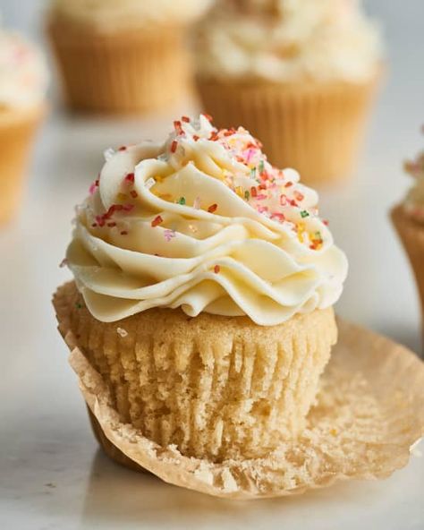 cupcake in wrapper on table Small Batch Cupcakes, Blueberries Muffins, Nyc Bakery, Moist Vanilla Cupcakes, Easy Biscuit, Canning Sweet Potatoes, Sweet Potato Bread, Vanilla Cupcake Recipe, Preppy Kitchen