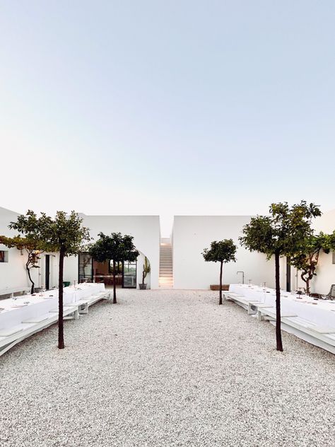 Imperial table in Backyard at Masseria Moroseta, minimal design with two table white wall and stairs. Honeymoon In Italy, Masseria Moroseta, Puglia Wedding, Ostuni Puglia, Married In Italy, Travel To Italy, Destination Wedding Italy, Getting Married In Italy, Italy Honeymoon