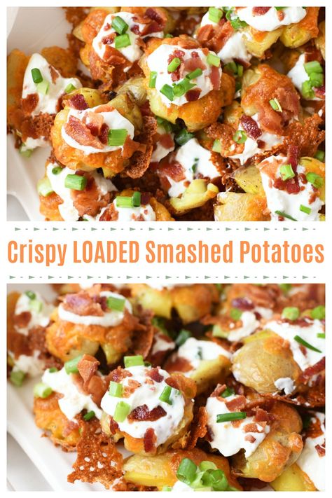 Easy Oven Baked Loaded Smashed Baby Potatoes Smashed Loaded Baby Potatoes, Loaded Smashed Potatoes Baked, Meals With Baby Potatoes, Baked Loaded Potatoes In The Oven, Baked Baby Potatoes In The Oven, Recipes With Baby Potatoes, Baby Baked Potatoes, Potatoes With Cheese And Bacon, Grilled Baby Potatoes