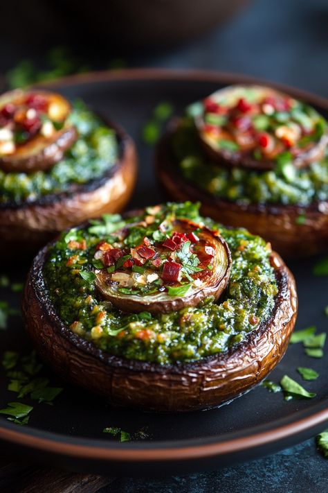 Stuffed mushrooms topped with pesto and diced red peppers. Hors D’oeuvres Recipes, Expensive Appetizers, Fun Party Appetizers, Hors Devours Appetizers Fancy, Rich Appetizers, Entrees Recipes Starters, Vegan Hors D’oeuvres, Protein Appetizers For Party, Elegant Appetizers For Party Small Bites