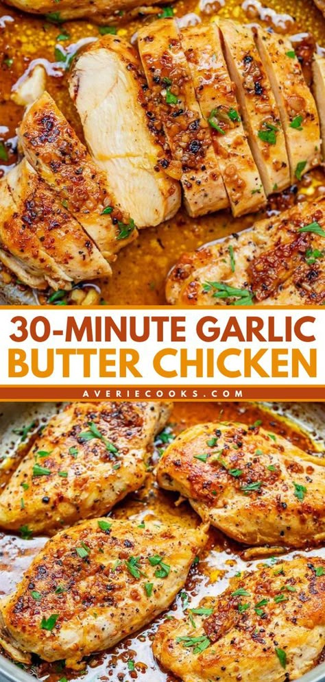 Need a quick and easy dinner? Here's a 30-minute recipe for garlic butter chicken! Bathed in a rich garlic butter sauce with a splash of wine, these boneless chicken breasts have so much flavor! Garlic Butter Chicken Skillet, Sauced Chicken Recipes, Browned Butter Chicken, Chicken Recipes Garlic Butter, Chicken In Butter Sauce, Keto Recipes Chicken Breast, Easy Chicken Breast Recipes For Dinner, Oven Baked Garlic Butter Chicken, Best Boneless Chicken Breast Recipes