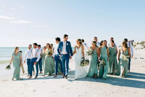 Sage and Blue Bridal Party Attire for Beach Wedding Inspiration | Mismatched Green Bridesmaid Dresses Green Wedding Theme Beach, Blue And Green Beach Wedding, Sage Green Beach Wedding, Wedding With Sage Green, Sage Green Bridesmaids Dresses, Sage Green Bridesmaids, Navy Bridal Parties, Mismatched Green Bridesmaid Dresses, Blue Bridal Party