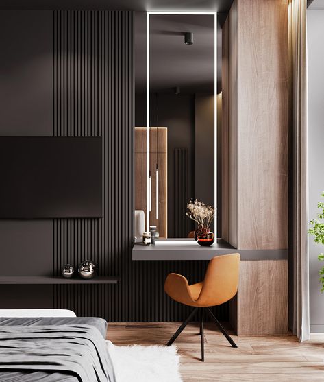 Satisfy Your Dark Side With Black And Grey Interiors Narrow Bedroom, Hotel Room Interior, Black Bedroom Design, Panda Cartoon, Masculine Bedroom, Dresser Table, Interior Design Per La Casa, Modern Luxury Bedroom, Hotel Room Design