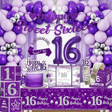 PRICES MAY VARY. Package contents: You will receive a purple sweet 16 birthday decoration for girls set, including 1 sweet 16 banner with light, 100 latex balloons with 3 colors 3 sizes, 16th foil balloons, 3 balloon boxes, 2 foil fringe curtains, 1 tiara, sash, cake topper, guest book, money pull box, tablecloth, and some accessories (a glue dot, balloon chain, line, straw) Easy to assemble: The sweet 16 decorations are easy to assemble, our sweet 16 balloons are rich and enough, we deliver bal Sweet 16 Party Ideas Themes Purple And Blue, Sweet 16 Decorations Purple And Silver, Dance Sweet 16, Sweet 16 Hotel Party Decoration, Sweet 16 Party Ideas Purple And Silver, Sweet 16 Birthday Dinner, Purple Sweet 16 Decorations, Purple Birthday Theme, 16 Birthday Decorations