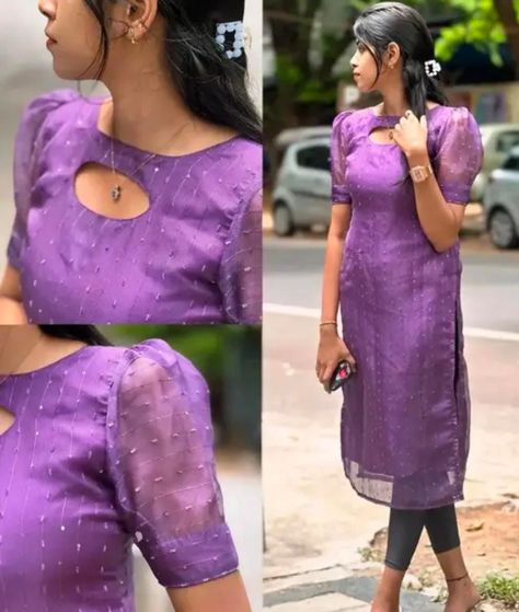 Kurti Short Sleeves Design Latest, Western Style Kurti Design, Kurthis Models Latest For Stitching, Dress Material Stitching Ideas, Latest Hand Designs For Kurtis, Kerala Churidar Models, Stiching Ideas Kurti Neck Design, Organza Neck Design, Silk Saree Kurti Designs