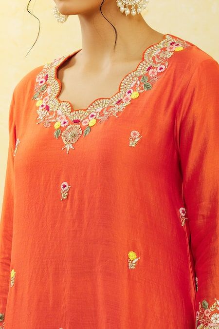 Buy Orange Pure Spun Silk Hand Embroidered Floral Round Kurta Pant Set For Women by Surbhi shah Online at Aza Fashions. Luxury Tussar Silk Kurta With Resham Embroidery, Luxury Silk Kurta With Floral Embroidery, Luxury Embroidered Orange Traditional Wear, Affordable Embroidered Sets For Puja, Luxury Orange Unstitched Suit With Resham Embroidery, Luxury Multicolor Embroidery Kurta For Spring, Luxury Floral Embroidered Kurta For Navratri, Luxury Floral Embroidered Churidar For Diwali, Luxury Semi-stitched Orange Kurta