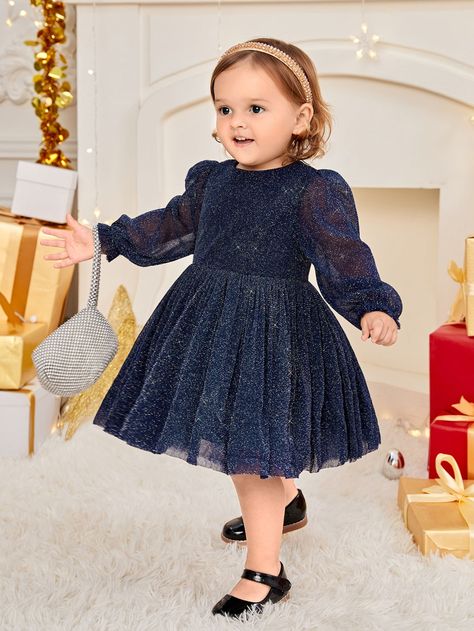 Baby Girl Black Dress, Beautiful Gown Designs, Navy Blue Party, Baby Glitter, Girl Dress Patterns, Designer Dresses Casual, Glitter Dress, Bishop Sleeve