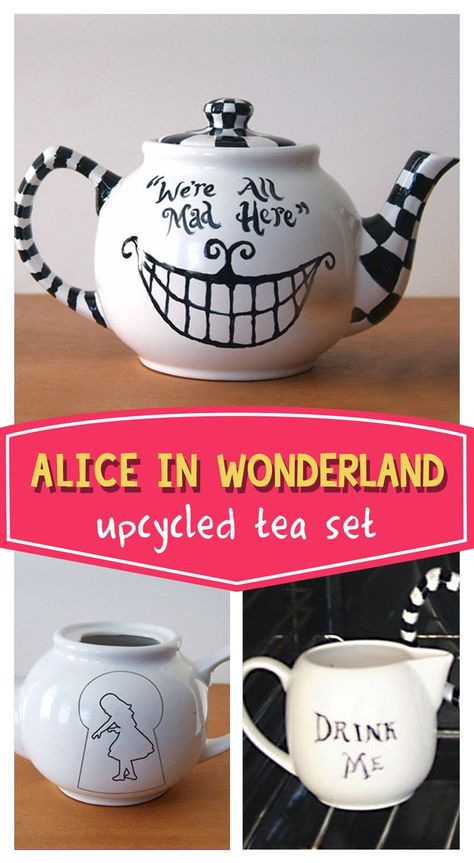 An alice in wonderland painted teapot at the top with the Cheshire Cats smile and the text "We're all Mad Here" bottom left has the rear side of the teapot with alice in a keyhole. Bottom right is a small white milk jug with "Drink Me' painted in black. Diy Alice In Wonderland, Afternoon High Tea, Alice In Wonderland Paintings, Alice In Wonderland Teapot, Halloween Alice In Wonderland, Alice In Wonderland Garden, Alice In Wonderland Crafts, Mad Hatters Tea Party, Alice In Wonderland Diy