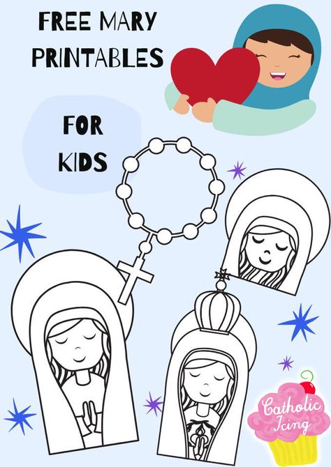 This is a great round up of Mary printables for Catholic kids and more than half of them are totally free! #catholic #mary #catholickids #liturgicalliving #virginmary #domesticchurch #rosary #catholicfamilies Mother Mary Crafts For Preschool, All Saints Day Activities For Kindergarten, Rosary For Kids Printable, Mary On The Mantle Ideas, Rosary Activities Catholic, Rosary Crafts For Kids Catholic, Mary Craft, Ccd Crafts, Catholic Kids Crafts