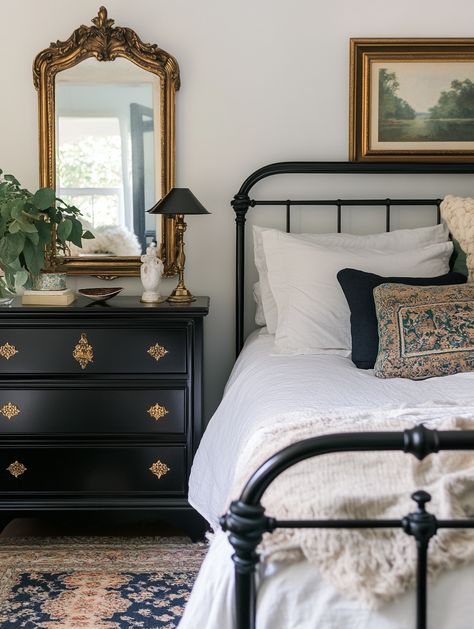 Transform Your Space: 16 Dreamy Boho Black Bedroom Ideas You’ll Love - Full Bedroom Decor Ideas, Black And White Bedroom Vintage, 1920s Inspired Bedroom, Black Bedroom Furniture Boho, Vintage Bedroom Minimalist, Black And White French Country Bedroom, Black Cottage Bedroom, Black Bed Bedroom Ideas Inspiration, Guest Room Black Furniture