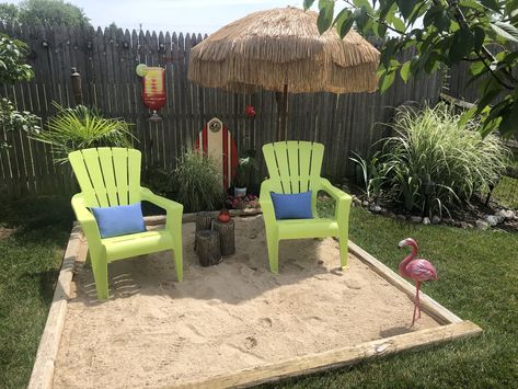 Backyard Beach Theme, Hammock Ideas Backyard Beach, Sand Patio Ideas Backyard Beach, Homemade Beach In Backyard, Tiki Themed Backyard, Diy Beach Backyard, Sand Landscape Ideas, Backyard Sand Area, Backyard Beach Diy