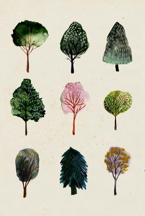 Angela Dahlinger - Trees Botanisk Illustration, Illustration Kunst, Cat Air, Seni Cat Air, Watercolor Trees, Art Et Illustration, Alphonse Mucha, Watercolor Inspiration, Art And Illustration